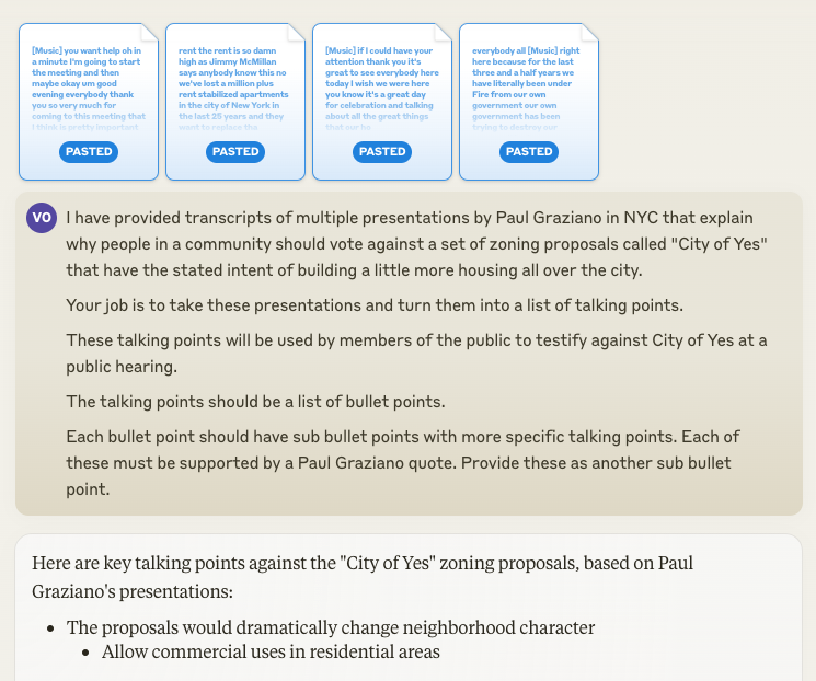 A screenshot of running prompt to extract talking points from transcripts in Anthropic&rsquo;s Claude interface.