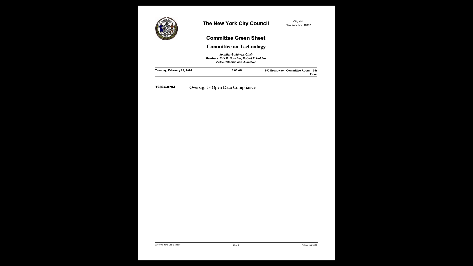 A screenshot of a PDF agenda of a Committee on Technology meeting on Open Data Compliance in the NYC city council. The meeting agenda states T2024-0284 Oversight - Open Data Compliance