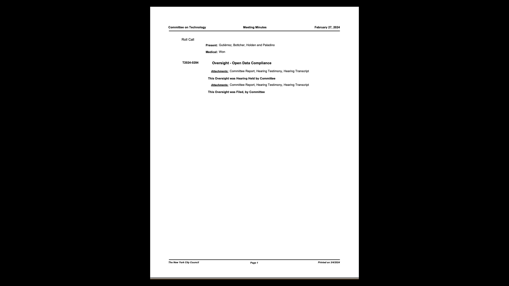 A screenshot of PDF minutes of a Committee on Technology meeting on Open Data Compliance in the NYC city council. It says This Oversight was Hearing Held by Committee