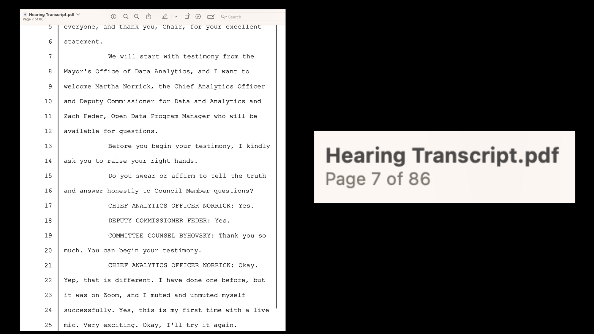 A screenshot of one page of the hearing transcript for a Committee on Technology meeting on Open Data Compliance in the NYC City Council. Enlarged, to the right, is a screenshot that says: Hearing Transcript.pdf Page 7 of 86