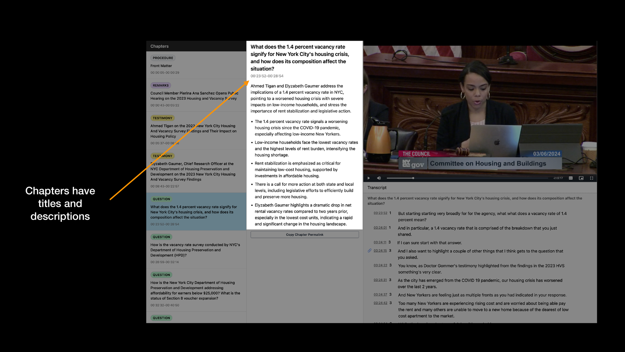 On the right, a screenshot of the Hearing on the 2023 Housing Vacancy Survey meeting on citymeetings.nyc. The middle panel is highlighted, and it contains a chapter title and description. An arrow points to the panel, showing a chapter titled What does the 1.4% vacancy rate signify for NYCs housing crisis? The slide says Chapters have titles and descriptions