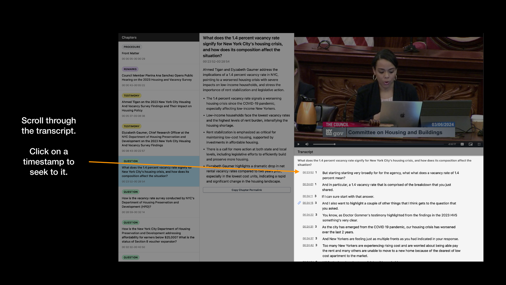 On the right, a screenshot of the Hearing on the 2023 Housing Vacancy Survey meeting on citymeetings.nyc. The transcript, on the bottom right, is highlighted. An arrow points to the transcript, showing the start of the chapter titled What does the 1.4% vacancy rate signify for NYCs housing crisis? in the transcript. The slide says Scroll through the transcript. Click on a timestamp to seek to it.