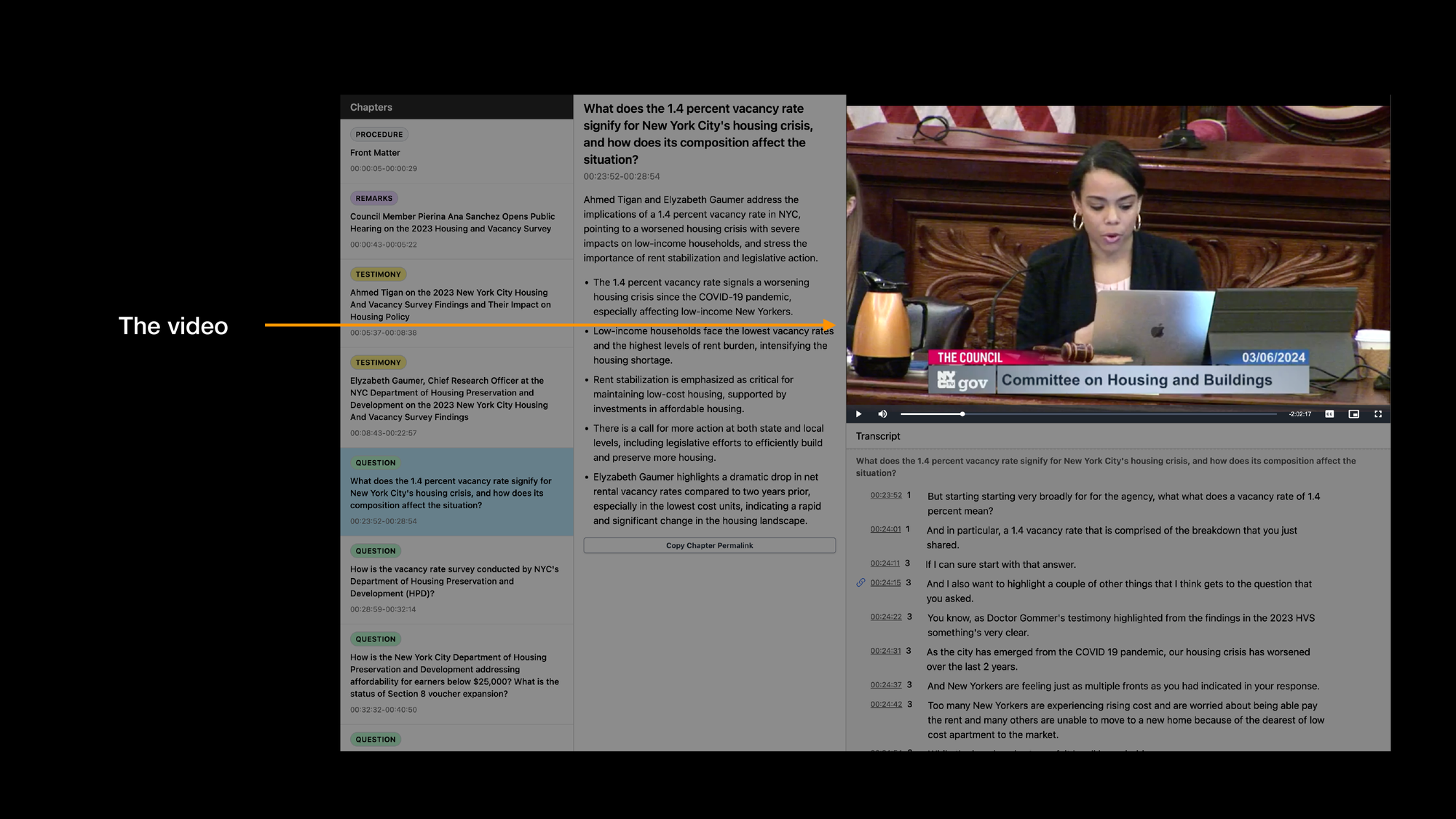 On the right, a screenshot of the Hearing on the 2023 Housing Vacancy Survey meeting on citymeetings.nyc. The video, on the top right, is highlighted. An arrow points to the video. The slide says The video