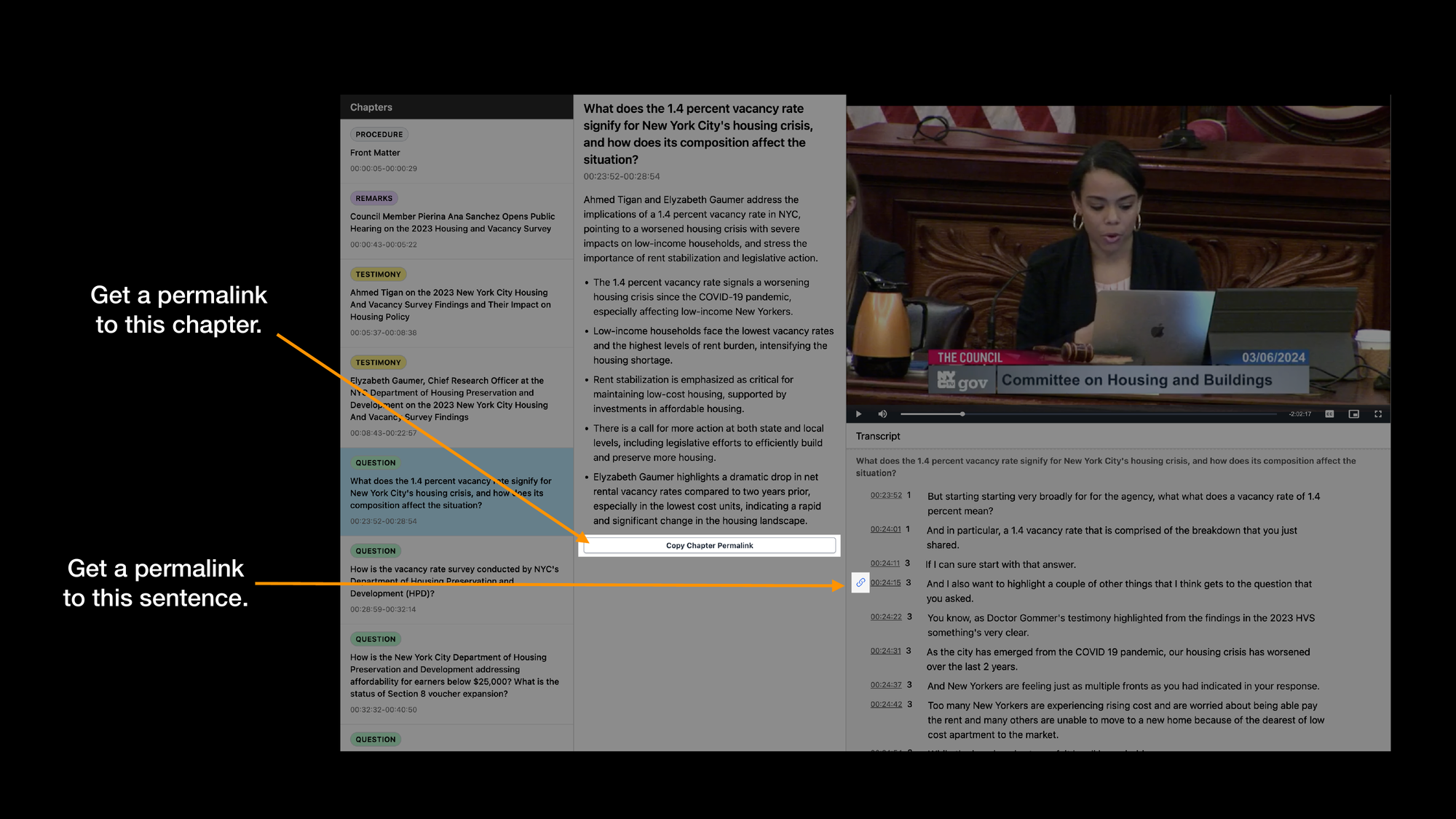 On the right, a screenshot of the Hearing on the 2023 Housing Vacancy Survey meeting on citymeetings.nyc. A button that says Copy Chapter Permalink is highlighted, as is a permalink icon to the left a sentence in the transcript. Arrows point to both of these highlights. They say Get a permalink to this chapter and Get a permalink to this sentence.
