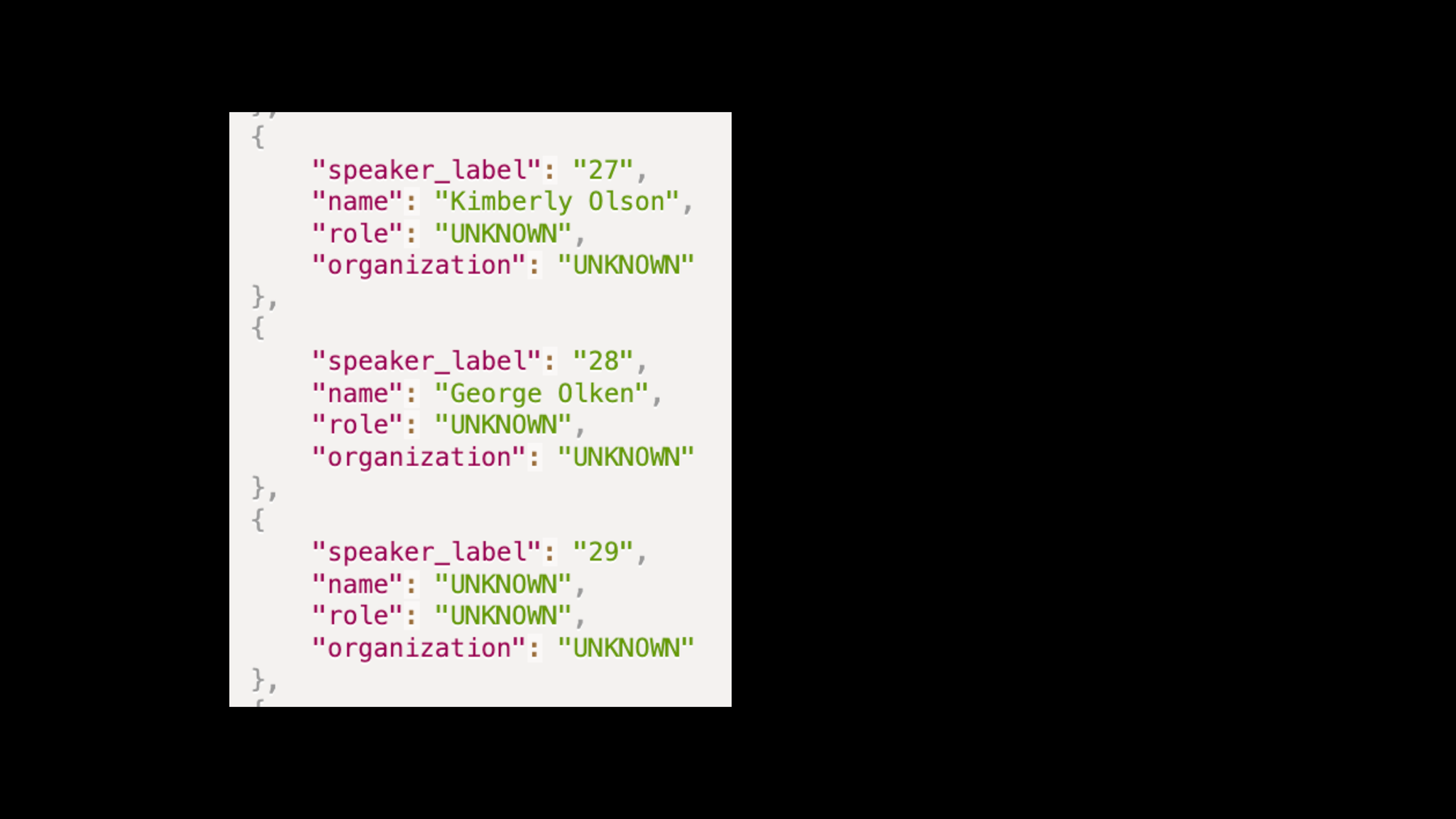 A JSON list of three identified speakers with fields speaker_label, name, role, and organization.