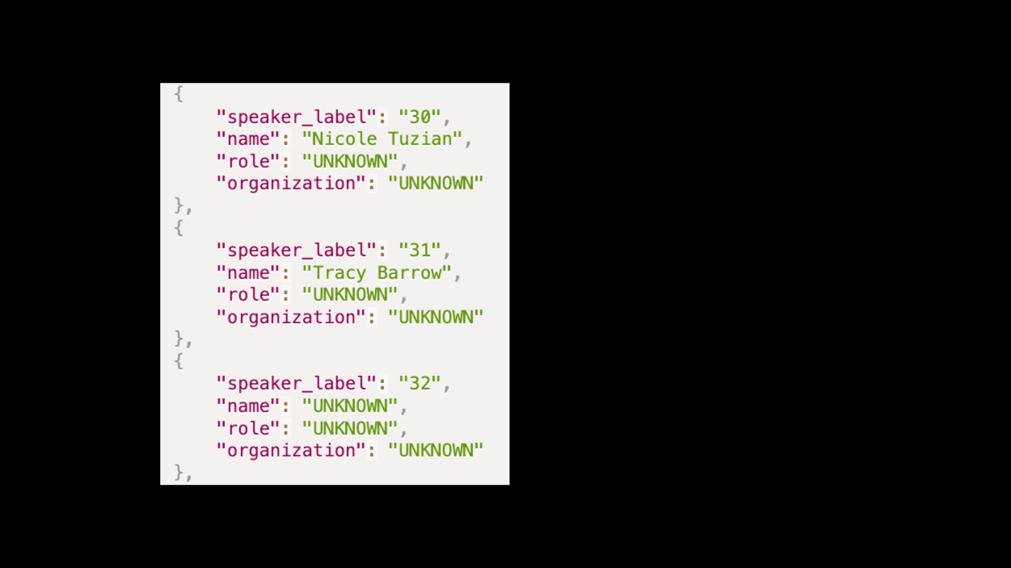 A JSON list of three identified speakers with fields speaker_label, name, role, and organization.