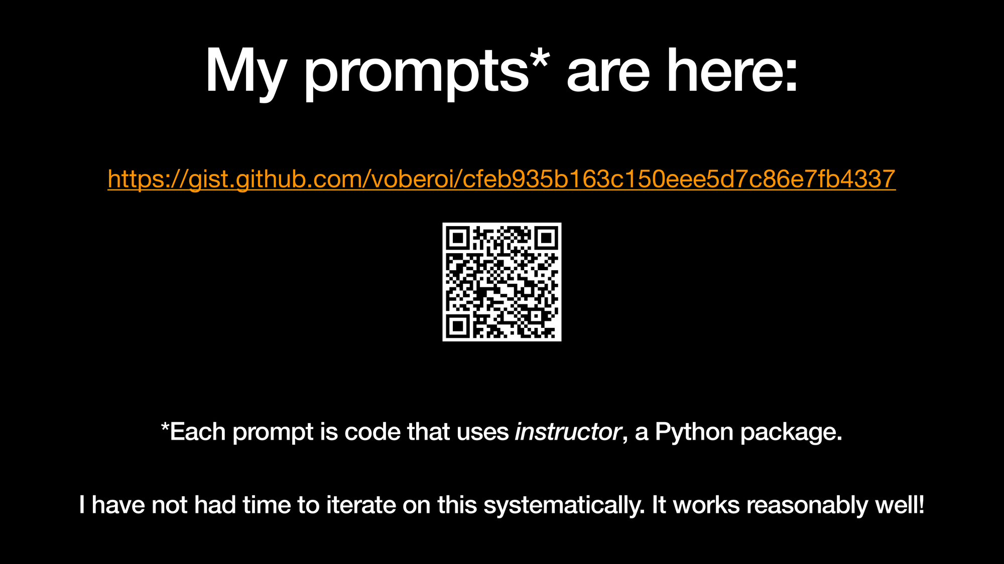 My prompts* are here: https://gist.github.com/voberoi/cfeb935b163c150eee5d7c86e7fb4337. *Each prompt is code that uses instructor, a Python package. I have not had time to iterate on this systematically. It works reasonably well!