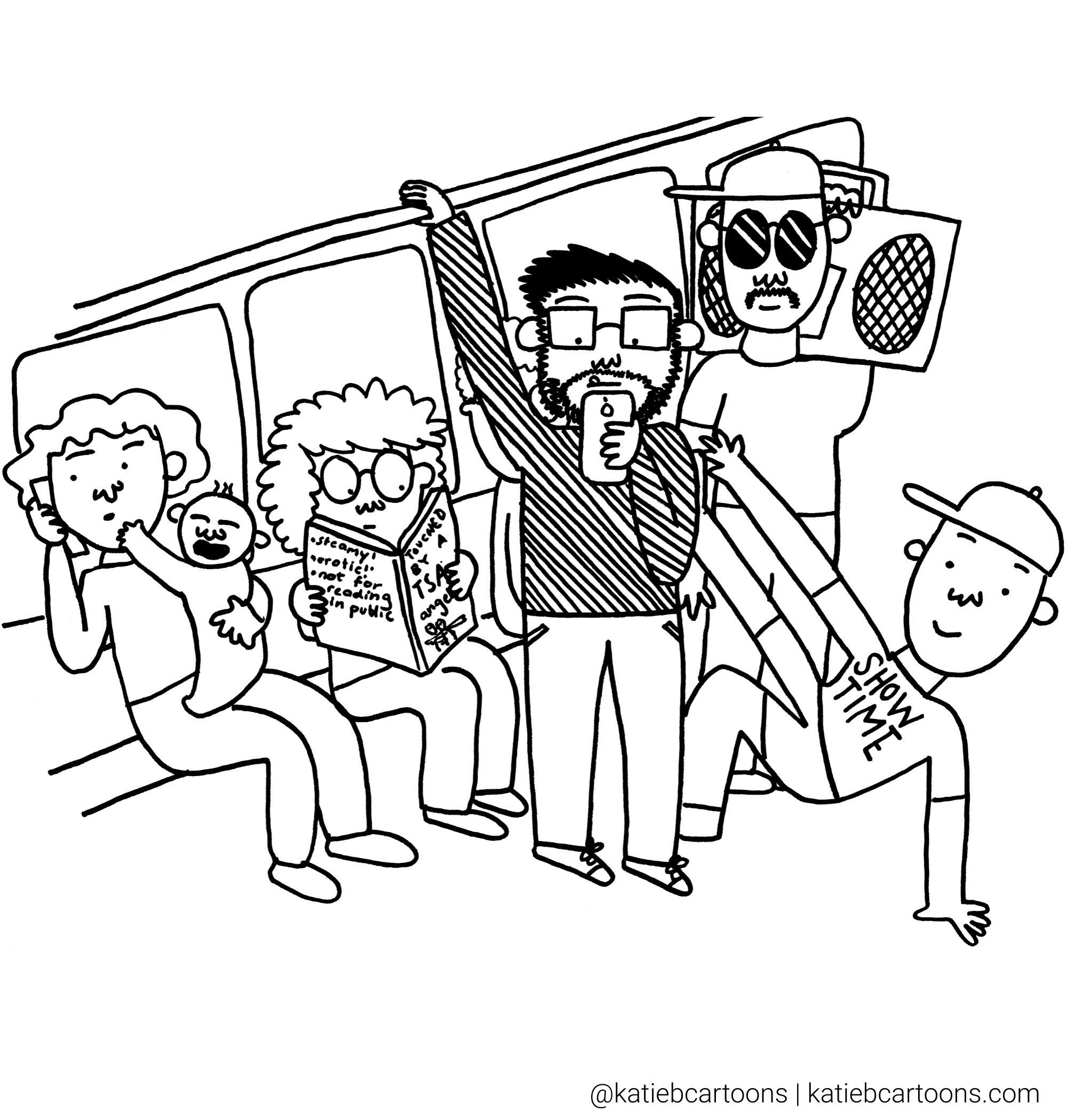 A cartoon of a man standing in crowded subway train looking at his phone.